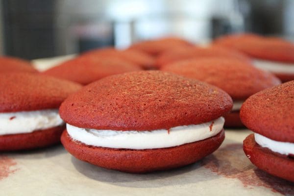 Red Velvet Whoopie Pies w/ Vanilla Icing